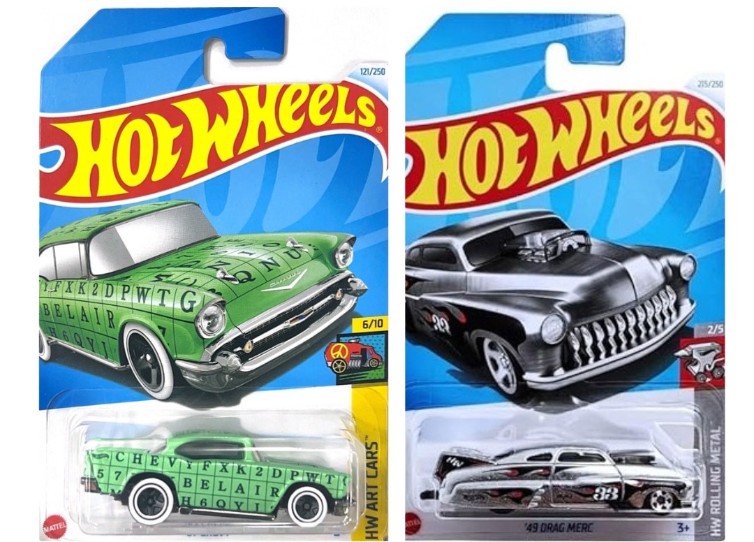 Hot Wheels 2024 '57 Chevy HW Art Cars + '49 Drag Merc HW Rol